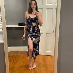 Blue floral satin midi cami dress
